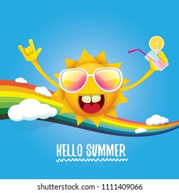 hello summer rock n roll vector label or logo. summer cocktail party poster background with rainbow, funky smiling sun character wearing sunglasses and holding cocktail glass with drinking straw