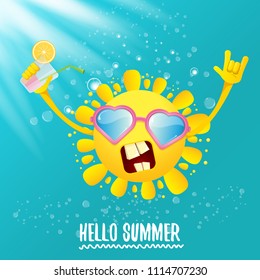 hello summer rock n roll vector label or logo. summer cocktail party poster background with funky smiling sun character wearing sunglasses and holding cocktail glass with lemon and drinking straw.