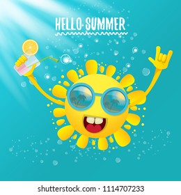 hello summer rock n roll vector label or logo. summer cocktail party poster background with funky smiling sun character wearing sunglasses and holding cocktail glass with lemon and drinking straw.