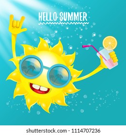 hello summer rock n roll vector label or logo. summer cocktail party poster background with funky smiling sun character wearing sunglasses and holding cocktail glass with lemon and drinking straw.