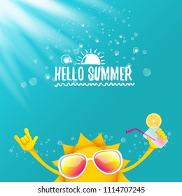 hello summer rock n roll vector label or logo. summer cocktail party poster background with funky smiling sun character wearing sunglasses and holding cocktail glass with lemon and drinking straw.