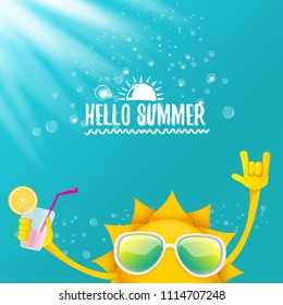 hello summer rock n roll vector label or logo. summer cocktail party poster background with funky smiling sun character wearing sunglasses and holding cocktail glass with lemon and drinking straw.