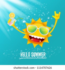 hello summer rock n roll vector label or logo. summer cocktail party poster background with funky smiling sun character wearing sunglasses and holding cocktail glass with lemon and drinking straw.