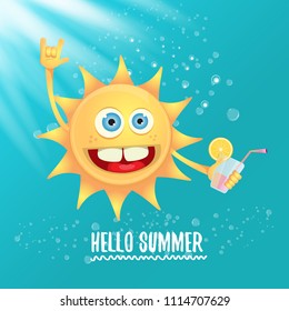hello summer rock n roll vector label or logo. summer cocktail party poster background with funky smiling sun character wearing sunglasses and holding cocktail glass with lemon and drinking straw.