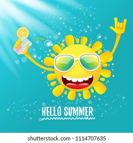 hello summer rock n roll vector label or logo. summer cocktail party poster background with funky smiling sun character wearing sunglasses and holding cocktail glass with lemon and drinking straw.