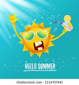 hello summer rock n roll vector label or logo. summer cocktail party poster background with funky smiling sun character wearing sunglasses and holding cocktail glass with lemon and drinking straw.