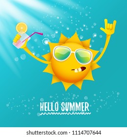 hello summer rock n roll vector label or logo. summer cocktail party poster background with funky smiling sun character wearing sunglasses and holding cocktail glass with lemon and drinking straw.