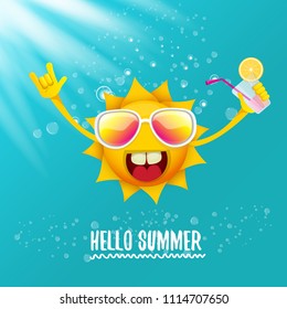 hello summer rock n roll vector label or logo. summer cocktail party poster background with funky smiling sun character wearing sunglasses and holding cocktail glass with lemon and drinking straw.