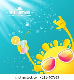 hello summer rock n roll vector label or logo. summer cocktail party poster background with funky smiling sun character wearing sunglasses and holding cocktail glass with lemon and drinking straw.