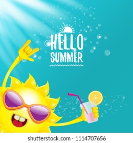 hello summer rock n roll vector label or logo. summer cocktail party poster background with funky smiling sun character wearing sunglasses and holding cocktail glass with lemon and drinking straw.