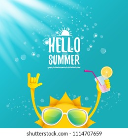 hello summer rock n roll vector label or logo. summer cocktail party poster background with funky smiling sun character wearing sunglasses and holding cocktail glass with lemon and drinking straw.