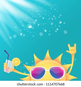 hello summer rock n roll vector label or logo. summer cocktail party poster background with funky smiling sun character wearing sunglasses and holding cocktail glass with lemon and drinking straw.