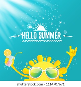 hello summer rock n roll vector label or logo. summer cocktail party poster background with funky smiling sun character wearing sunglasses and holding cocktail glass with lemon and drinking straw.