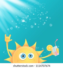 hello summer rock n roll vector label or logo. summer cocktail party poster background with funky smiling sun character wearing sunglasses and holding cocktail glass with lemon and drinking straw.