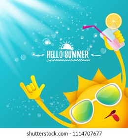 hello summer rock n roll vector label or logo. summer cocktail party poster background with funky smiling sun character wearing sunglasses and holding cocktail glass with lemon and drinking straw.