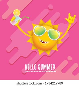 hello summer rock n roll vector label or logo. summer cocktail party poster background with funky smiling sun character wearing sunglasses and holding cocktail glass with lemon and drinking straw.