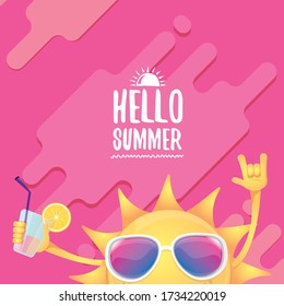 hello summer rock n roll vector label or logo. summer cocktail party poster background with funky smiling sun character wearing sunglasses and holding cocktail glass with lemon and drinking straw.