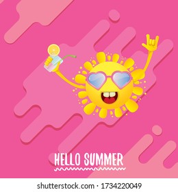 hello summer rock n roll vector label or logo. summer cocktail party poster background with funky smiling sun character wearing sunglasses and holding cocktail glass with lemon and drinking straw.