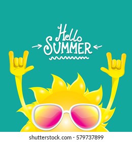 hello summer rock n roll vector poster. summer party background with funky sun character design template