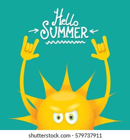 hello summer rock n roll vector poster. summer party background with funky sun character design template