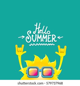 hello summer rock n roll vector poster. summer party background with funky sun character design template