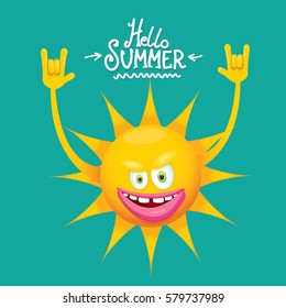 hello summer rock n roll vector poster. summer party background with funky sun character design template