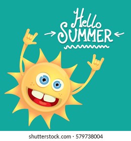 hello summer rock n roll vector poster. summer party background with funky sun character design template
