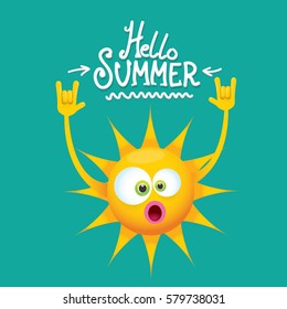 hello summer rock n roll vector poster. summer party background with funky sun character design template