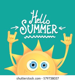 hello summer rock n roll vector poster. summer party background with funky sun character design template