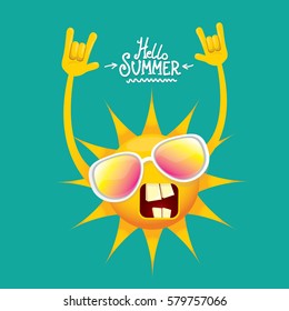 hello summer rock n roll vector poster. summer party background with funky sun character design template