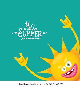hello summer rock n roll vector poster. summer party background with funky sun character design template