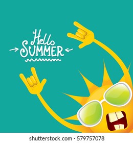 hello summer rock n roll vector poster. summer party background with funky sun character design template