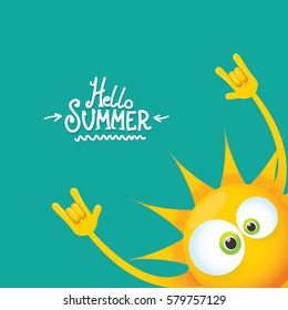 hello summer rock n roll vector poster. summer party background with funky sun character design template