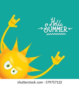 hello summer rock n roll vector poster. summer party background with funky sun character design template