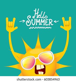 hello summer rock n roll vector poster. summer party background with funky sun character design template