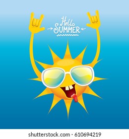 hello summer rock n roll vector poster. summer party background with funky sun character design template
