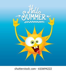 hello summer rock n roll vector poster. summer party background with funky sun character design template
