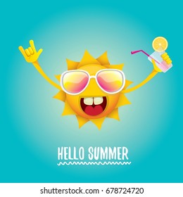 hello summer rock n roll vector label or logo. summer cocktail party background with funky smiling sun character wearing sunglasses and holding cocktail glass with lemon and drinking straw.