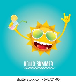 hello summer rock n roll vector label or logo. summer cocktail party background with funky smiling sun character wearing sunglasses and holding cocktail glass with lemon and drinking straw.