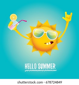 hello summer rock n roll vector label or logo. summer cocktail party background with funky smiling sun character wearing sunglasses and holding cocktail glass with lemon and drinking straw.