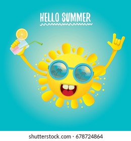 hello summer rock n roll vector label or logo. summer cocktail party background with funky smiling sun character wearing sunglasses and holding cocktail glass with lemon and drinking straw.