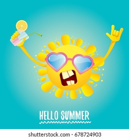 hello summer rock n roll vector label or logo. summer cocktail party background with funky smiling sun character wearing sunglasses and holding cocktail glass with lemon and drinking straw.