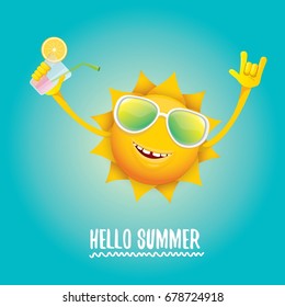 hello summer rock n roll vector label or logo. summer cocktail party background with funky smiling sun character wearing sunglasses and holding cocktail glass with lemon and drinking straw.