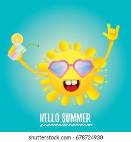 hello summer rock n roll vector label or logo. summer cocktail party background with funky smiling sun character wearing sunglasses and holding cocktail glass with lemon and drinking straw.