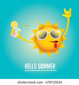 hello summer rock n roll vector label or logo. summer cocktail party background with funky smiling sun character wearing sunglasses and holding cocktail glass with lemon and drinking straw.