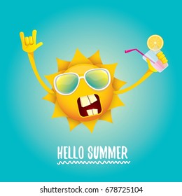 hello summer rock n roll vector label or logo. summer cocktail party background with funky smiling sun character wearing sunglasses and holding cocktail glass with lemon and drinking straw.