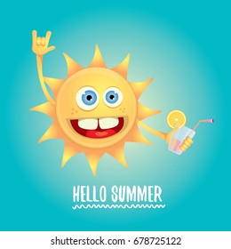 hello summer rock n roll vector label or logo. summer cocktail party background with funky smiling sun character wearing sunglasses and holding cocktail glass with lemon and drinking straw.