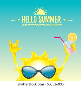 hello summer rock n roll vector label or logo. summer cocktail party background with funky smiling sun character wearing sunglasses and holding cocktail glass with lemon and drinking straw.
