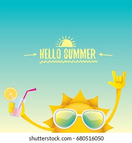 hello summer rock n roll vector label or logo. summer cocktail party background with funky smiling sun character wearing sunglasses and holding cocktail glass with lemon and drinking straw.