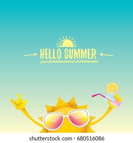 hello summer rock n roll vector label or logo. summer cocktail party background with funky smiling sun character wearing sunglasses and holding cocktail glass with lemon and drinking straw.